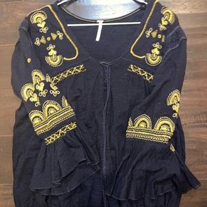 FREE PEOPLE NAVY BLUE TOP WITH YELLOW EMBROIDERY